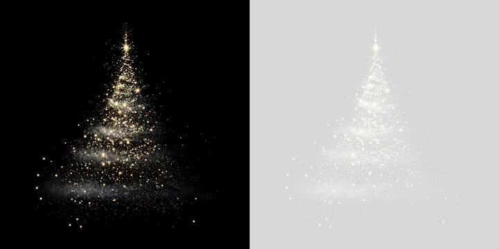 Swirling golden glitter christmas tree on transparent background. Sparkling light particle overlay for winter holiday designs