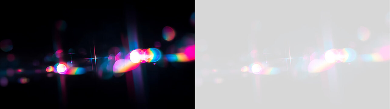 Vibrant anamorphic lens flare with starburst and bokeh lights. Abstract light leak overlay for photo and video editing
