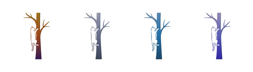 Cat climbing tree silhouette set with colorful gradient design