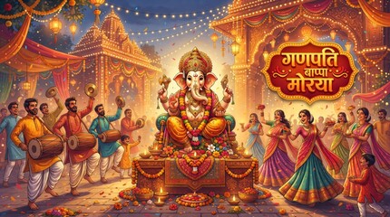 Fototapeta premium Lord Ganesha Festival Procession with Devotees and Traditional Drummers for Ganesh Chaturthi Greeting Banner