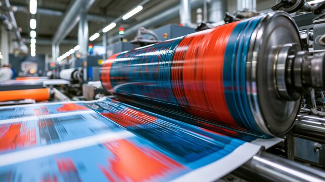 Rotary textile printing machine with vivid ink pattern on fabric in sharp focus and a blurred factory behind. Concept of textile printing.