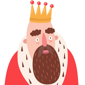 Illustration of a bearded king wearing a golden crown with red jewels and a royal fur-trimmed cape. Perfect for children&rsquo;s books, fairy tale themes, and whimsical design projects.