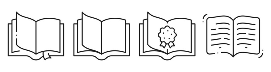 Fototapeta na wymiar Open book icons depicting reading learning and certification panel. Editable stroke