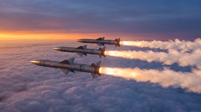 Three military missiles launch into the sky, leaving trails of smoke against a colorful sunset backdrop above the clouds