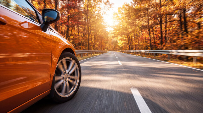 Orange car driving on a winding road through a forest with vibrant autumn foliage and sunlight streaming through the trees