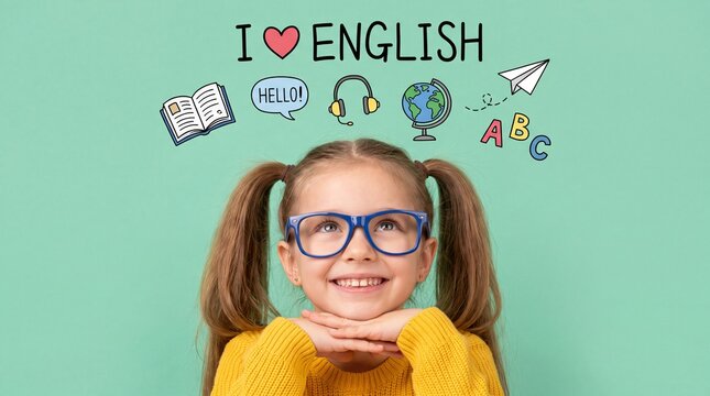 Young girl with pigtails wearing glasses smiles in front of a green background with English learning symbols and text
