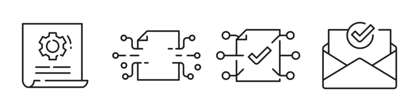 Interface automation and approval icons displayed in linear layout. Editable stroke