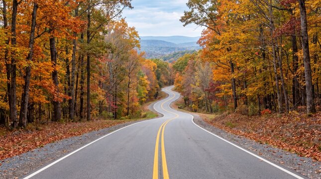 Winding road through vibrant autumn foliage with colorful trees lining the sides and distant mountains visible under a cloudy sky