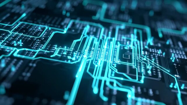Macro printed circuit board with bright cyan traces, surface mount parts, solder pads, and glowing pathways across matte black texture, creating futuristic technology pattern