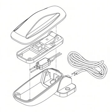 Exploded View Technical Line Drawing of Wired Marine Float Switch Assembly