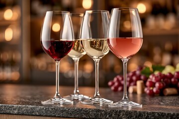 Obraz premium Wine glasses with red white and rose wine on bar counter
