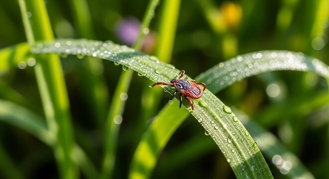 deer tick on green grass blade with natural outdoor environment