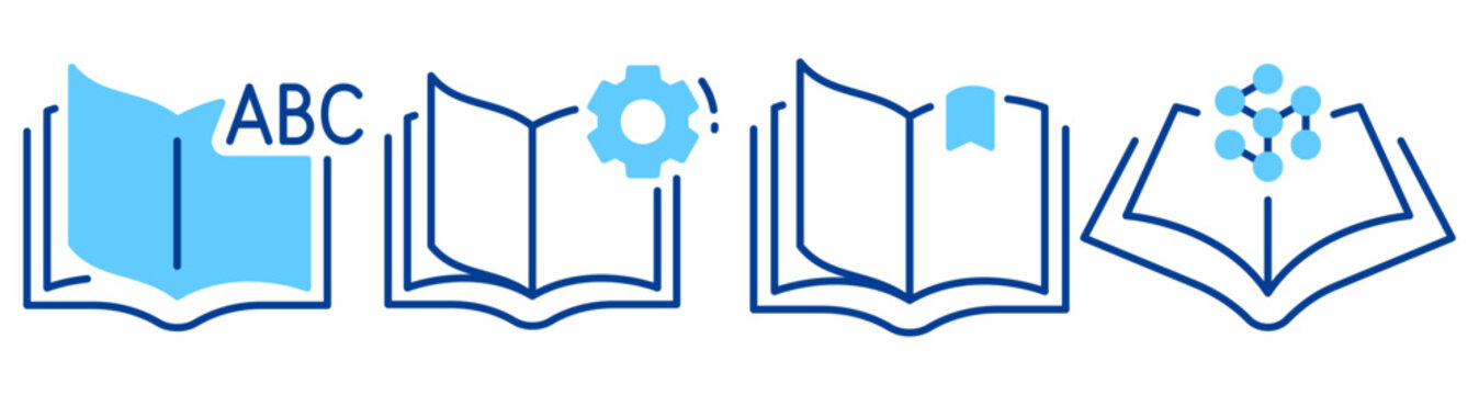 Open book icons showing learning and knowledge on white background. Editable stroke