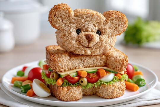Cute bear shaped sandwich with fresh vegetables and cheese for kids