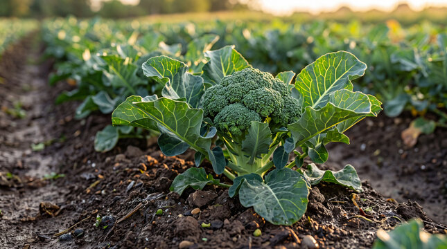 Broccoli plant growing in field during sunset in rural area