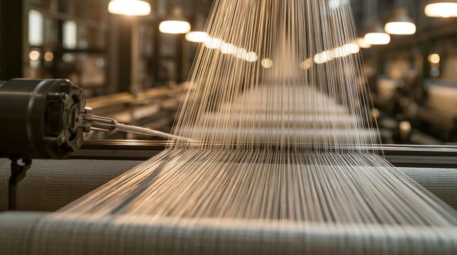 Industrial rapier loom with weft insertion and warp thread array in sharp focus and a blurred textile mill behind. Concept of commercial weaving.