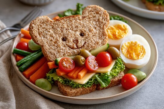Cute bear bread sandwich with boiled eggs and fresh vegetables lunch