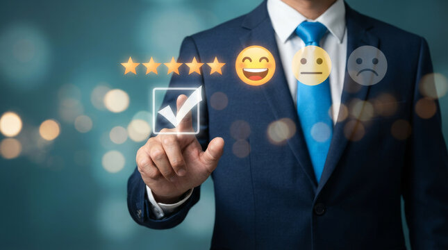 Customer feedback and satisfaction concept, businessman touching virtual checkmark with five stars and happy emoji, excellent service rating