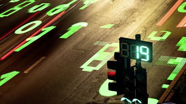 traffic lights at a on sathorn road in bangkok with code and data overlayed onto the road