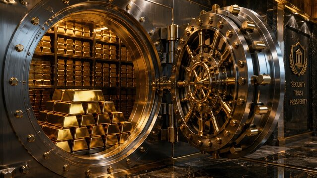Open Bank Vault Filled with Stacked Gold Bars Representing Wealth Security and Financial Assets