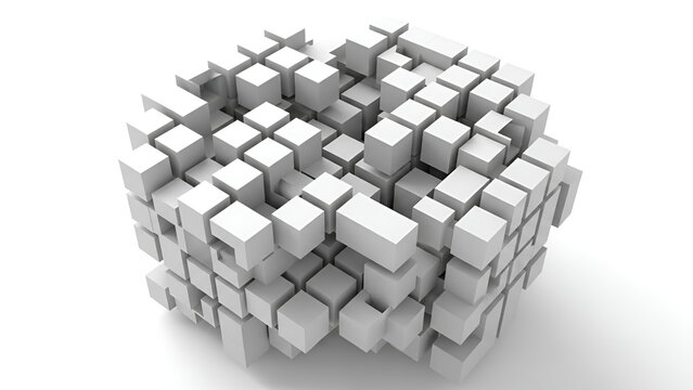 Abstract geometric cluster of white cubes arranged in a complex three dimensional structure for modern design