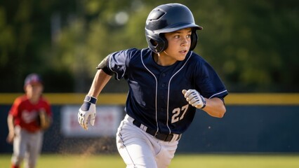 Obraz premium Young Baseball Player Sprinting During Competitive Game on Outdoor Sports Field
