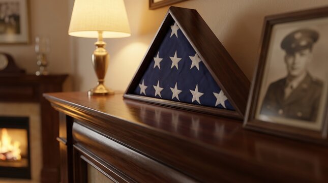 folded american flag in wooden case on mantlepiece next to framed vintage photo of young soldier. military memorial, honoring fallen veteran concept. banner, website header.