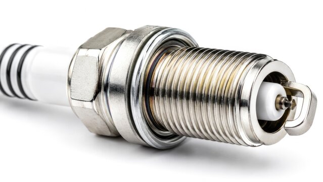 Extreme Close Up of Clean Automotive Spark Plug Isolated on White Background for Engine Maintenance Concept