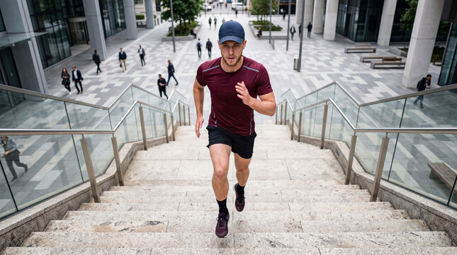 Man runs up stairs in a busy urban area during the day while other people walk nearby