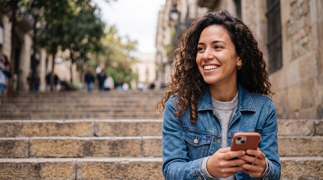 Young woman sits on steps in city while using smartphone during day