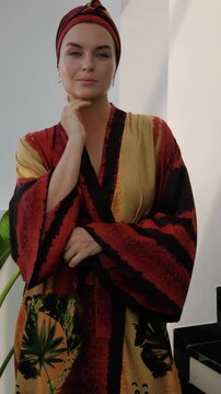 Close up of elegant woman wearing luxury kimono robe.