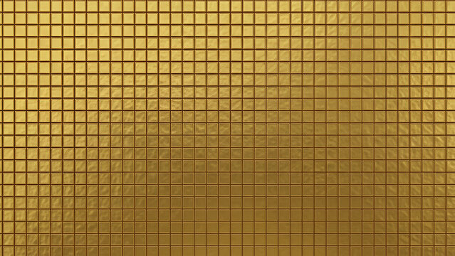 Shiny metallic gold square tiles arranged in a repetitive grid pattern with reflective smooth surface textures