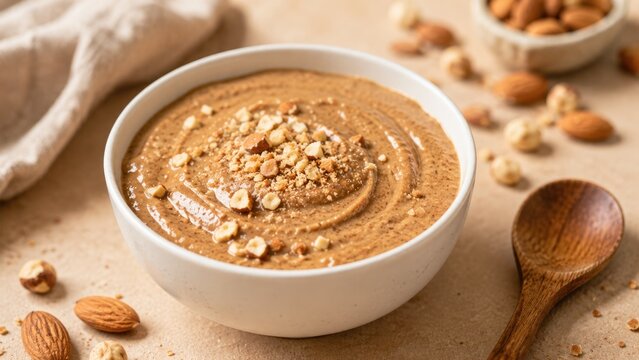 Creamy Homemade Almond and Hazelnut Butter in Bowl with Mixed Nuts on Wooden Table