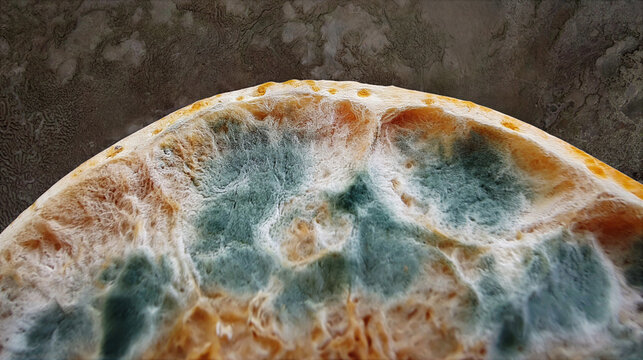 Moldy bread with green and white fuzzy mold growing on surface, close up texture