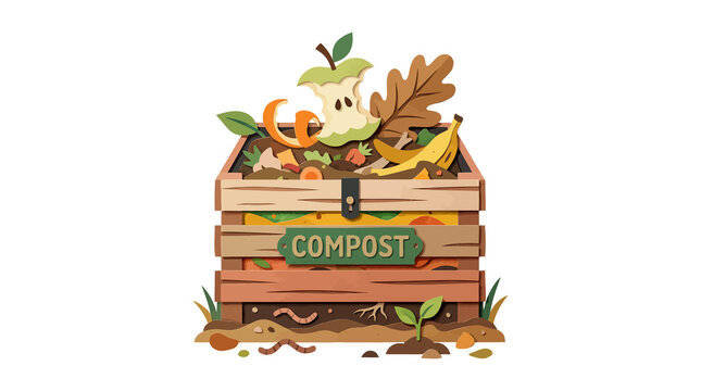 Organic kitchen waste compost wooden box illustration