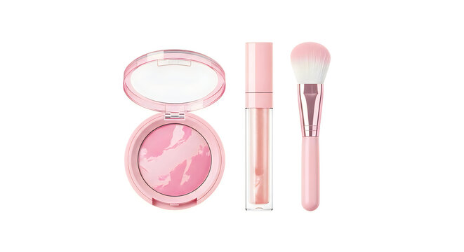 Pink makeup kit with blush powder compact, lip gloss tube and a soft cosmetic brush for beauty isolated on white background