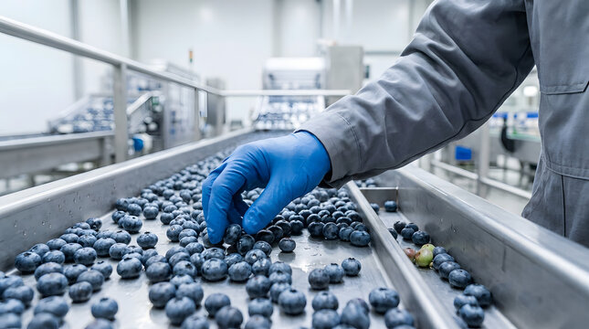 Man Sorting Fresh Blueberries on Stainless Steel Conveyor Belt in Food Processing Factory
