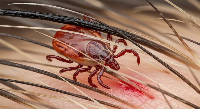 dog tick attached to fur with ultra detailed macro