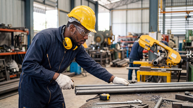 Worker in safety gear cutting metal bars in a workshop during the day