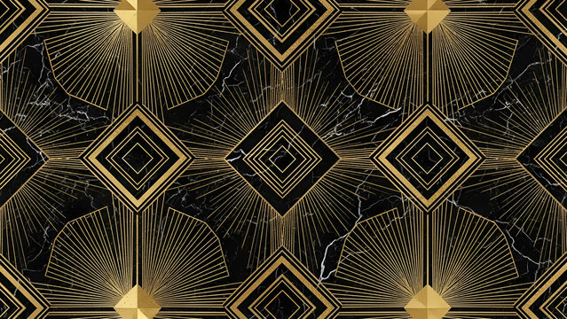 Luxurious art deco pattern featuring metallic gold geometric lines set against deep black marble stone texture