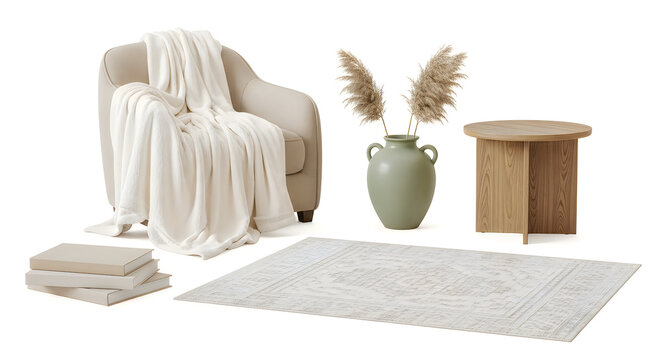 Modern beige armchair with cozy throw blanket and wooden side table on a white background isolated on white background