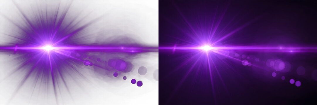 Abstract purple neon lens flare with radiant glow, cinematic light burst with long rays, realistic optical flare effect, floating bokeh circles, soft gradient lighting, horizontal streak flare