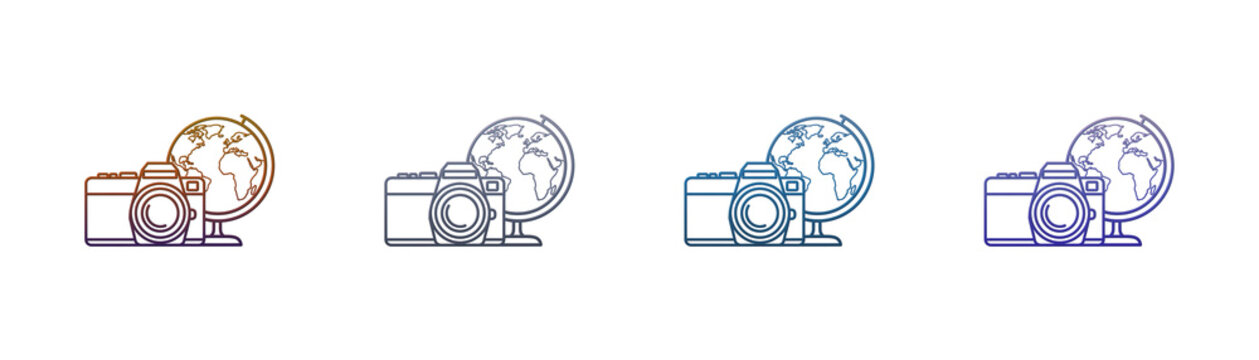 Travel photography icons with camera and globe in gradient line style