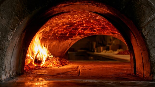 Pizza dome oven with a vivid fire glowing inside the dome in sharp focus and a blurred kitchen behind. Concept of wood-fired food service.