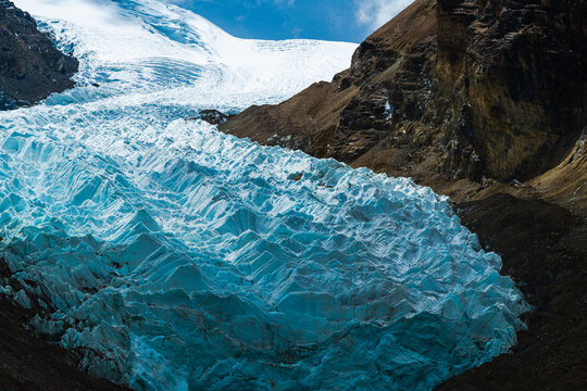 The Qudeng Nima Glacier in Gamba County, Shigatse, Tibet Autonomous Region, China. The glacier descends from the northern slopes of the Himalayas, surrounded by rugged mountains and glacial lakes, for