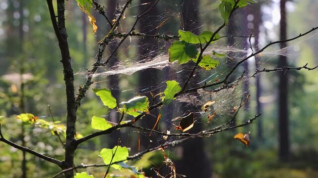 Young birch tree with green leaves and a dew covered spiderweb in a sunlight in the forest near Vilniemi, Hamina, Finland. Soft focus