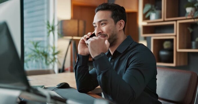 Real estate, phone call and man in office with laptop, smile and laugh for property seller. Happy, chat or realtor agent with tech for funny joke, conversation or positive in housing industry