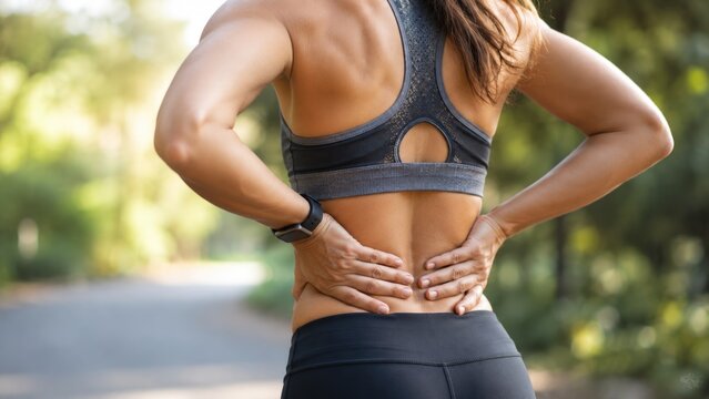 Close Up of Female Athlete Holding Lower Back in Pain After Outdoor Running Workout