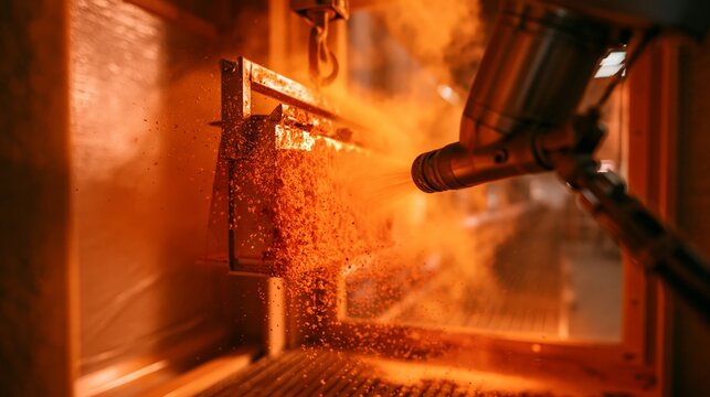 Powder coating spray booth with vivid powder particles coating a metal component in sharp focus and a blurred facility behind. Concept of surface finishing.