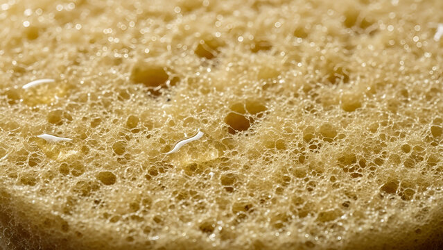 Porous yellow kitchen sponge surface captured in extreme macro detail featuring tiny glistening water droplets everywhere